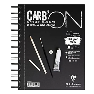Afbeelding van Clairefontaine 975042C Tekenblok Carb&#039;On (120 g, ideaal voor droogtechnieken, DIN A5 14,8 x 31 cm, dubbele spiraalbinding, 20 vellen) zwart