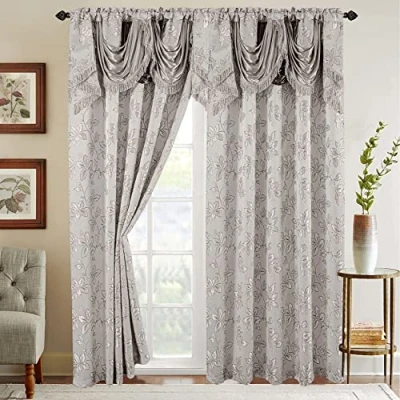 Afbeelding van Elegant Comfort Jacquard look gordijnpaneelset met bijgevoegde watervalvolant, (set van 2), 137 x 213 cm, bladpatroon, zilver