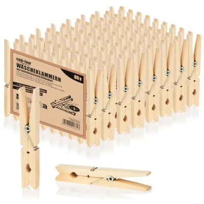 Afbeelding van COM FOUR® 80x wasknijpers XL gemaakt van hout duurzame houten haringen berkenhout onbehandelde voor het ophangen kleding, ca. 9 cm (080 stuks berk XL)