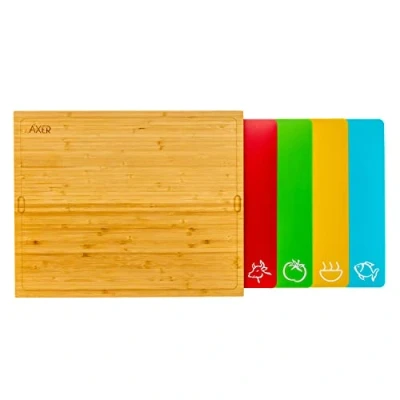 Afbeelding van Axer Grote Bamboe Houten Snijplank Set met Flexibele Vaatwasmachinebestendige Plastic Gekleurde Snijmat Inclusief 4 Kleurgecodeerde Matten Voedsel Pictogrammen