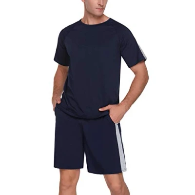 Afbeelding van Doaraha Heren Pyjama Sets Crew Neck PJs Korte Mouw Set Zachte Katoen Top &amp; Bottoms Lounge Wear met Zakken, A diep Blauw, L
