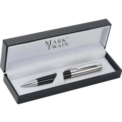 Afbeelding van Mark Twain zware metalen balpen met draaimechanisme in zilver en zwart, incl. zwarte etui, draaibalpen, cadeau idee van notrash2003