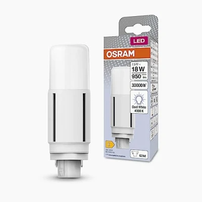 Afbeelding van OSRAM DULUX LED D18 vertikal EM, G24D, 7,5W, 950lm, 4000K, kold hvid lysfarve, velegnet til vertikale applikationer takket være en spredningsvinkel på 300, ekstrem lang levetid, ingen opvarmningstid