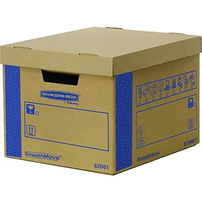 Afbeelding van 5 BANKERS BOX Grote Sterke Moving Boxes. FastFold Boxes, 47L SmoothMove Prime Heavy Duty Double Wall Boxes voor verhuizing met handgrepen, 38 x 28,7 43 cm, (Pack van 5), Bruin/Blauw