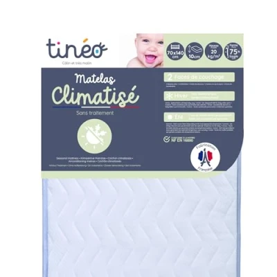 Afbeelding van TINÉO Matras met Airconditioning 70 x 140 10 cm Babymatras 1 kant Zomer Winter Zonder behandeling Dichtheid 20 kg/m3 Gemaakt in Frankrijk