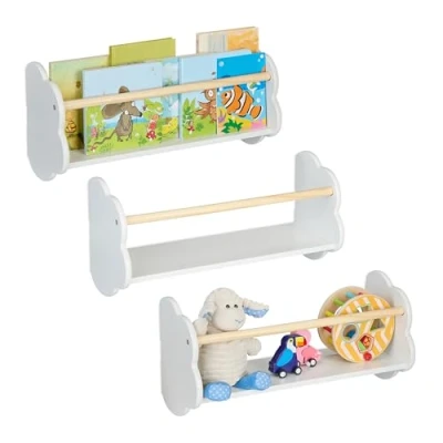 Afbeelding van Relaxdays boekenrek kind wolk 3 boekenplanken 50 cm wandplank kinderkamer