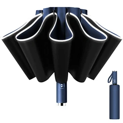 Afbeelding van Poligono Automatische Omgekeerde Paraplu, Opvouwbare Windbestendige Grote Regenparaplu met 10 Versterkte Ribben voor Mannen en Vrouwen, Diameter 105cm, Donkerblauw