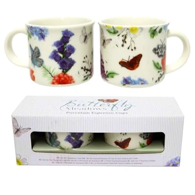 Afbeelding van Puckator Set van twee koffiekopjes porselein met vlinders, dieren Origineel Engels design Butterfly Meadows Espresso Cup