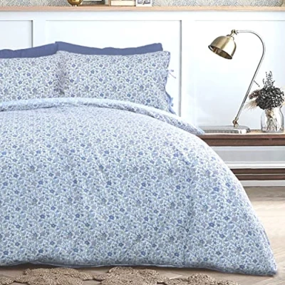 Afbeelding van Sleepdown Ditsy Bloemen Blauw Wit Omgekeerd Zacht Gemakkelijk Onderhoud Dekbedovertrek Quilt Beddengoed Set Kussensloop met Ties Super King (260cm x 220cm)