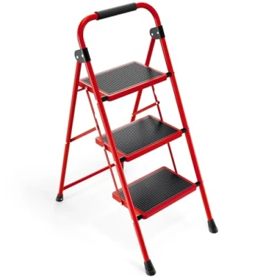 Afbeelding van KINGRACK Trapladder 3 Treden met Leuning, Draagbare Vouwladder Vouwtrap Antislip Voeten en Breed Trapje, Lichte Opstapkruk Inklapbaar Stabiel Huishoudtrap voor Thuis Keuken Kantoor, Rood