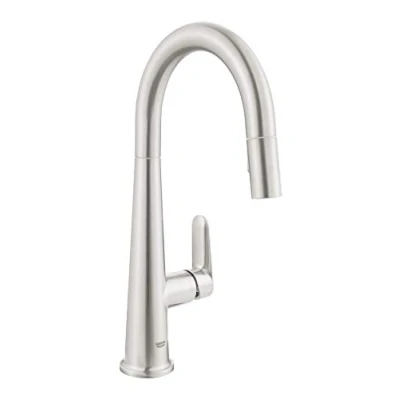 Afbeelding van GROHE Veletto Keukenmengkraan met uittrekbare handdouche, 360 graden draaibaar, hoge uitloop in C vorm, omvormer 2 straalsoorten (laminary/regen), Supersteel, 30419DC0