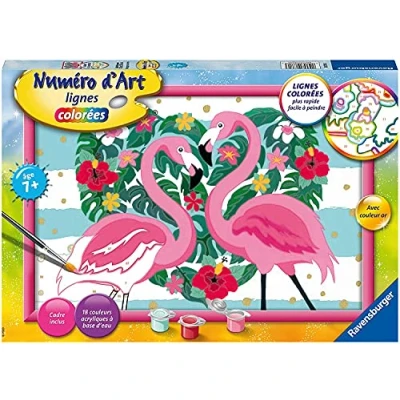 Afbeelding van Ravensburger Groot formaat kunstnummer liefdesflamingo&#039;s creatieve hobby schilderset op nummer met gouden verf ontspanning en activiteit vanaf 7 jaar 28770 Franse versie