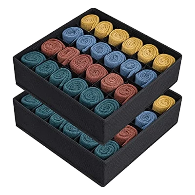 Afbeelding van 2 stuks opbergdozen voor sokken en ondergoed, 24 cellen opvouwbare dozen (vouwdoos, ladeverdelers, lade organizer, stoffen het bewaren van (zwart)