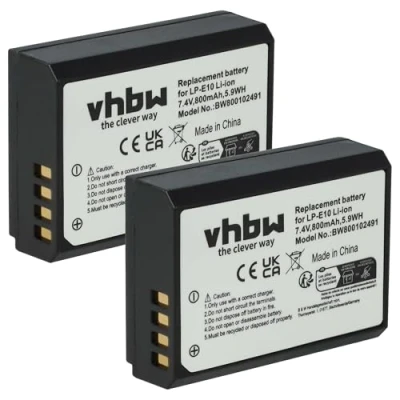 Afbeelding van vhbw 2 x accu compatibel met Canon EOS 2000D, 4000D camera (800mAh, 7,2V, Li Ion) vervanging voor LP E10