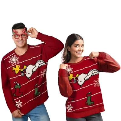 Afbeelding van United Labels Snoopy kersttrui, uniseks, rood, gebreide wintertrui, pullover voor heren en dames, XL