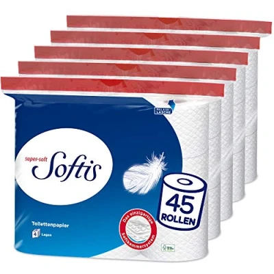 Afbeelding van Softis 4 laags toiletpapier, 45 rollen verpakking (5 x 9 afzonderlijke verpakkingen), 100 vellen per rol, uniek softkamersysteem, recyclebare verpakking, FSC® gecertificeerd papier