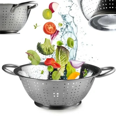 Afbeelding van KADAX Noedelzeef van roestvrij staal, doorslag, vergiet, zeef voor de keuken, keukenzeef, afdruipzeef, slazeef met handgrepen, slazeef, filter, vaatwasmachinebestendig (23 cm)