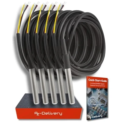 Afbeelding van AZDelivery 5 x 1M Kabel DS18B20 Digitale Roestvrij Staal Temperatuursensor, Waterdicht compatibel met Arduino en Raspberry Pi Inclusief E Book!
