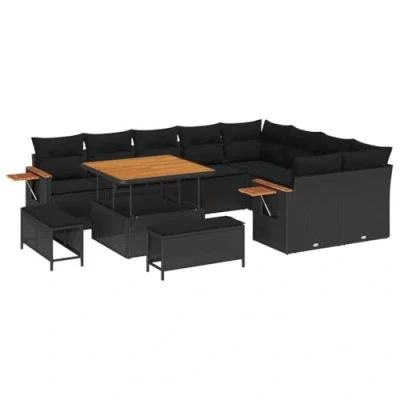 Afbeelding van vidaXL 12 delige Tuin Sofa Set met Kussens Zwart Poly Rattan Acacia, 3 Eet Acacia