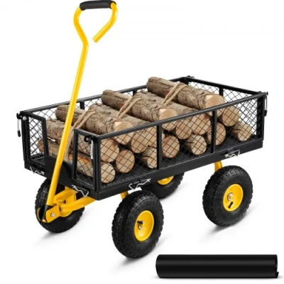 Afbeelding van VEVOR Tuinwagen, transport, 227 kg, aanhanger, staal, 4 wielen, ijzeren netmand, 86 x 46 20 cm, afneembare zijkanten, verandert in een bandenblad 25,4 voor tuinieren, boerderijen, bouwplaatsen,