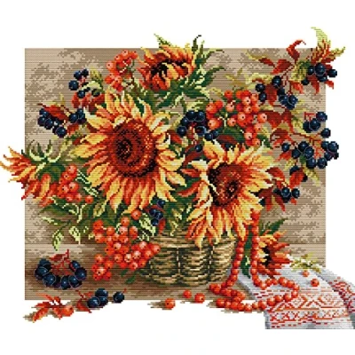 Afbeelding van Awesocrafts Kruissteek Gestempelde Kits Zonnebloem Berry Mand Gemakkelijk Patronen Kruissteken Borduurwerk Handwerken Kit Levert 14CT 2 Strengen