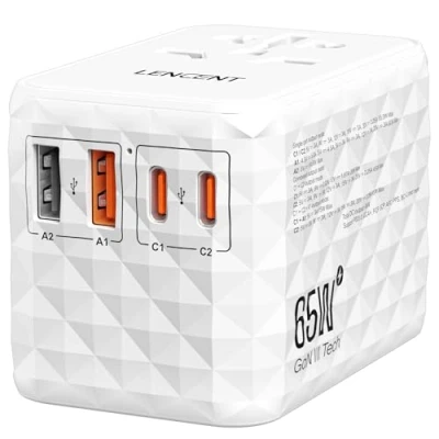 Afbeelding van LENCENT 65W Reisadapter Wereldwijd, GaN3 Snellader Universele Reisstekker met 2 PD USB C+2 QC USB, Alles in één Internationale Stekker voor Telefoons Laptop, 200+ Landen, EU UK DE VS Type A/C/G/I