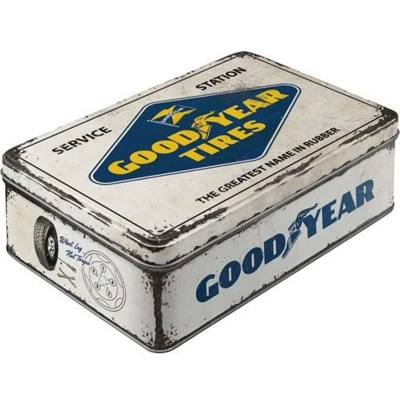 Afbeelding van Nostalgic Art Retro voorraadblik plat, Goodyear Logo White Geschenkidee voor auto en motorfans, Blik met deksel, Vintage design, 2,5 l