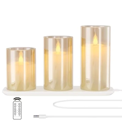 Afbeelding van EXTSUD Led kaarsen, vlamloos, oplaadbaar, met laadstation en afstandsbediening, 3 stuks decoratieve knipperende glazen kaarsen timer voor feest, verjaardag, bruiloft (bruin)