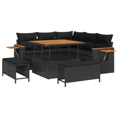 Afbeelding van vidaXL 8 Delige Tuin Sofa Set met Kussens Zwart Poly Rattan Acacia, 3 Eet Acacia