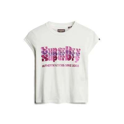 Afbeelding van Superdry Retro Glitter LOGO Tshirt print, Dames, Maat: 34, Ecru