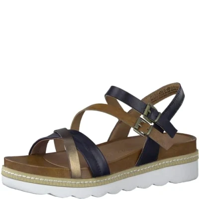 Afbeelding van Marco Tozzi Dames 2 28415 20 leren sandaal met sleehak sleehak, Navy Comb, 41 EU, Kam, EU