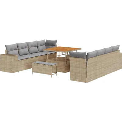 Afbeelding van vidaXL 11 Piece Tuin Sofa Set met Kussens Beige Poly Rattan Acacia, 3 Eet Acacia