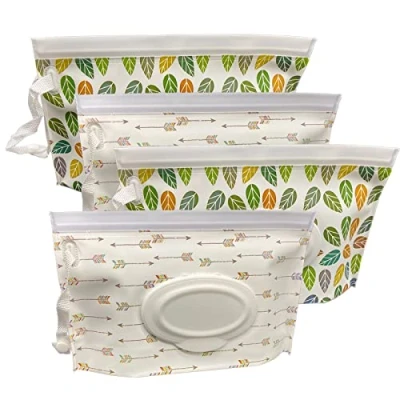 Afbeelding van ULVBABI Draagbare Nat Veeg Pouch Dispenser (4 Pack), Herbruikbare Baby Luier Afvoerzakken, Navulbare Persoonlijke Reizen Koppelingsdispenser Houder Houdt Natte Doekjes Vochtig (Pijl &amp; Bladpatroon)