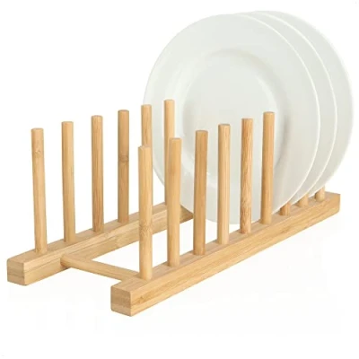 Afbeelding van COM FOUR® afdruiprek voor serviesgoed bordenhouder van bamboe stabiel moderne keukenorganizer degelijke vaatwasdroger pannendekselhouder (1 stuk 34x12,5x12cm bruin)