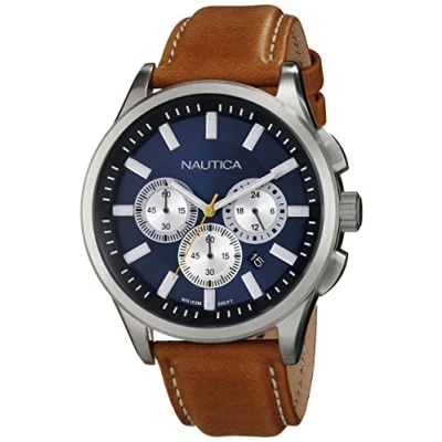 Afbeelding van Nautica Heren N16695G NCT 17 geborsteld roestvrij stalen Horloge met Bruine Band, Quartz horloge,