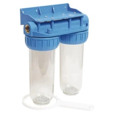Afbeelding van AQUAWATER 104509 Dubbel blank filterstation met ontgrendelingssleutel Standaardmaat 10&quot; Aansluiting F20/27 (F3/4&quot;)