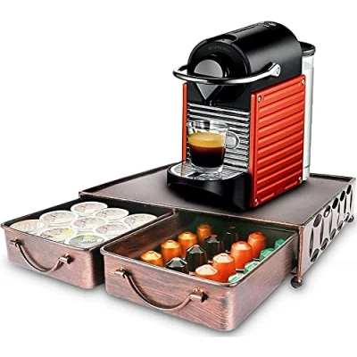 Afbeelding van HFHOME Koffiepadhouder, Koffiecapsulehouder, Capsules opberglade voor Tassimo Pods/Nespresso Capsule Pods/Nescafe Dolce Gusto Pods/Lavazza Pod enz Geschikt maximaal 60 koffiepads retro geborsteld brons