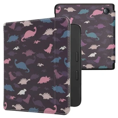 Afbeelding van kwmobile E reader hoesje geschikt voor Kobo Libra 2 hoes flip case met magnetische sluiting Ereader cover Bonte dinosauriërs design in paars / geel blauw