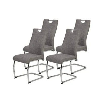 Afbeelding van Set van 4 schommelstoelen Alina geweven stof grijs, metalen frame chroom, rugleuning met handvat