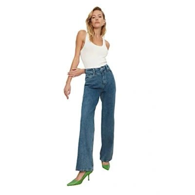 Afbeelding van Trendyol Blauwe Taille Gedetailleerde Jeans Met Hoge En Wijde Pijpen Twoss21Je0385