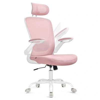 Afbeelding van SONGMICS Ergonomische bureaustoel, draaistoel met gaas, gewatteerde lendensteun, schommelfunctie, zitting van 53 cm, opklapbare armleuningen, hoofdsteun, pastelroze OBN047R01