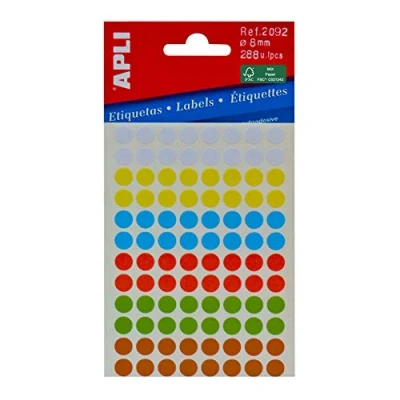 Afbeelding van Apli ronde etiketten in etui diameter 8 mm, geassorteerde kleuren, 288 stuks, 96 per blad (2092) etiket