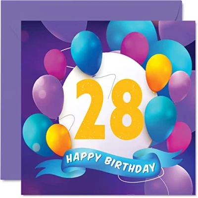 Afbeelding van 28e verjaardagskaart voor mannen vrouwen ballonfeest gelukkige verjaardagskaarten 28 jarige man vrouw broer zus zoon dochter tante oom vriend neef, 145 mm x verjaardag wenskaarten cadeau