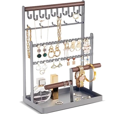 Afbeelding van Procase Sieraden Organizer Stand Ketting Oorbel Houder, 6 Tier Houder met 15 Haken, Toren Display Rack Opslag Boom voor Armbanden Oorbellen Ringen Grijs