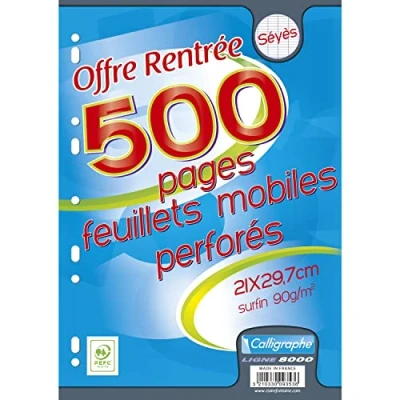 Afbeelding van Clairefontaine ES 9353C schoolserie, één verpakking losse folies, A4, 21 x 29,7 cm, 500 grote vierkante pagina&#039;s, 90 g wit papier, voor ordners 32 26 min