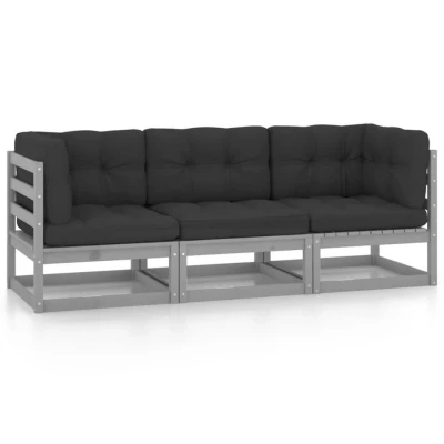 Afbeelding van 3 Delige Loungeset Met Kussens Massief Grenenhout 1 / Ja Grijs