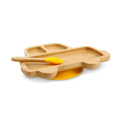 Afbeelding van Biozoyg Bordenset van bamboe voor in de auto, zuignapborden met lepel, FSC gecertificeerd, leuke kommenset kleine kinderen, kinderborden en snackschaaltjes, babyservies, geel
