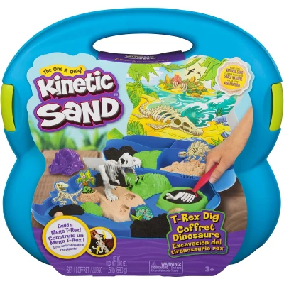 Afbeelding van Kinetic Sand T Rex ontdekkingsset met 680 g speelzand, 5 multifunctionele fossielvormen en schep in opbergdoos Sensorisch speelgoed