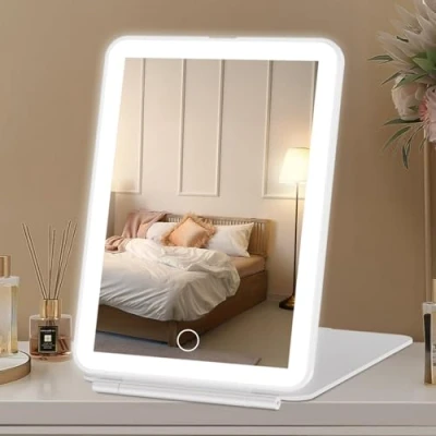 Afbeelding van FASCINATE Oplaadbare make upspiegel met ledlampjes voor op reis, verlichting, draagbaar, dimbaar, 72 ledlampjes, verlichte schoonheidsspiegel, 3 kleuren, touchscreen (Wit)