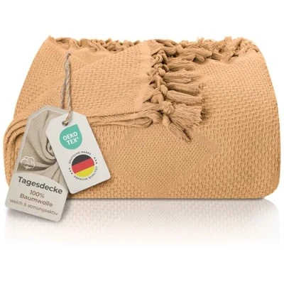Afbeelding van LAYNENBURG Premium Sprei met handgeknoopte franjes 100% katoen 150 x 220 cm Wafelpiqué Zomerdeken Katoenen Deken als Beddeken, Bankstel &amp; Bank (Beige)